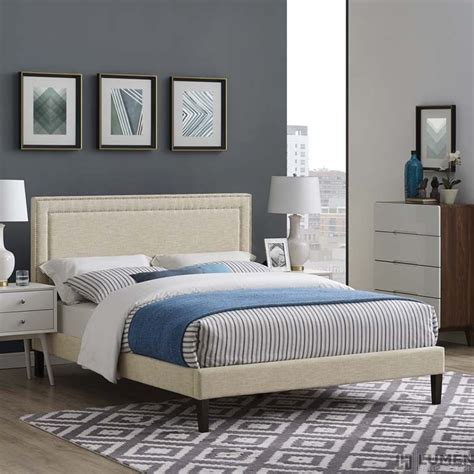 Virginia Full Fabric Platform Bed With Squared Tapered Legs In Beige