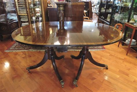 Mahogany Double Pedestal Banded Top Dining Room Table With 1 Leaf