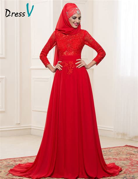 Red Chiffon Long Sleeves Muslim Wedding Dresses With Hijab 2017 Lace Applique A Line Dubai