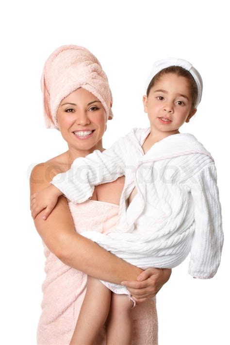 Attractive Happy Mother Holding Beautiful Daughter After Shower Or Bath Stock Image Colourbox