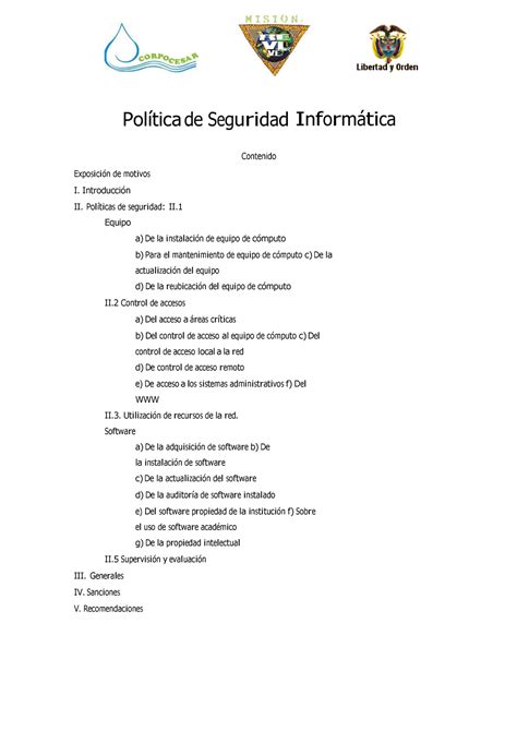 Politica De Seguridad Pol Ti Ca De Seguridad Inform Tica Contenido