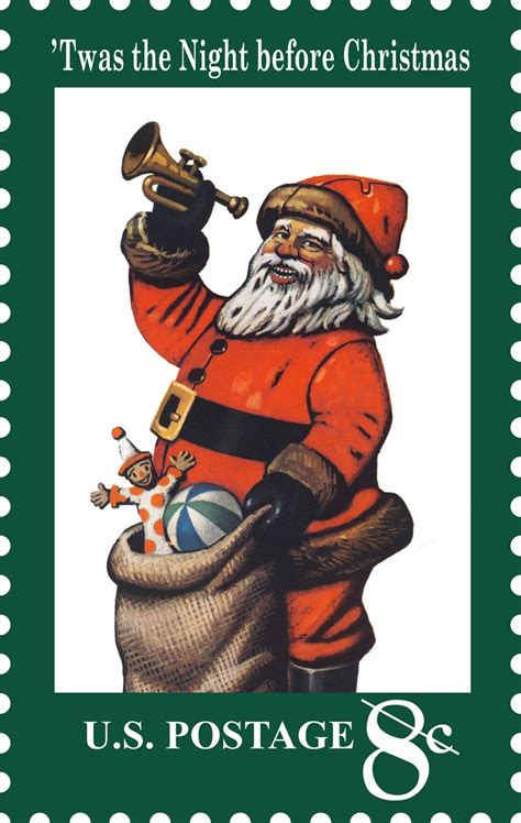 A Postage Stamp With An Image Of Santa Claus Holding A Trumpet And Sack Of Gifts