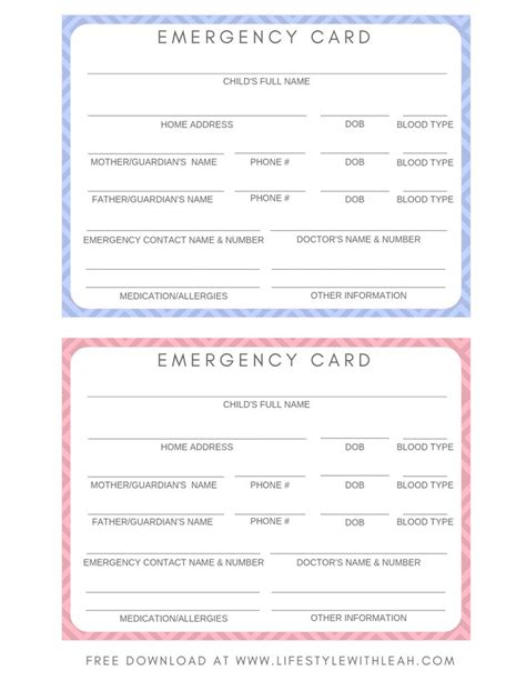 Two Emergency Cards With The Words Emergency Card And An Image Of A