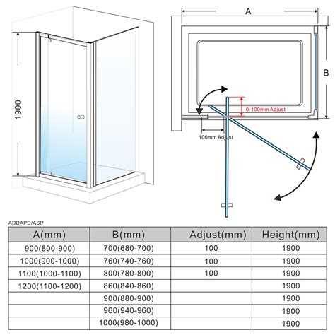 Semi Frameless Shower Screen Pivot Door 1200x900mm With Adjustable
