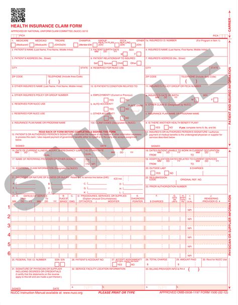 Cms 1500 Claim Forms For Health Care Provider Insurance Billing