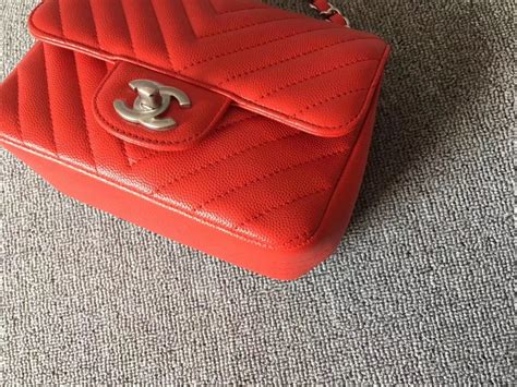 Authentic Chanel Red Chevron Quilted Caviar Square Mini Classic Flap