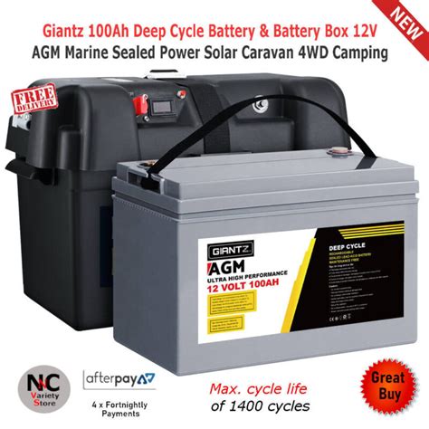 Giantz 100ah Deep Cycle Battery And Battery Box 12v Agm Marine Sealed