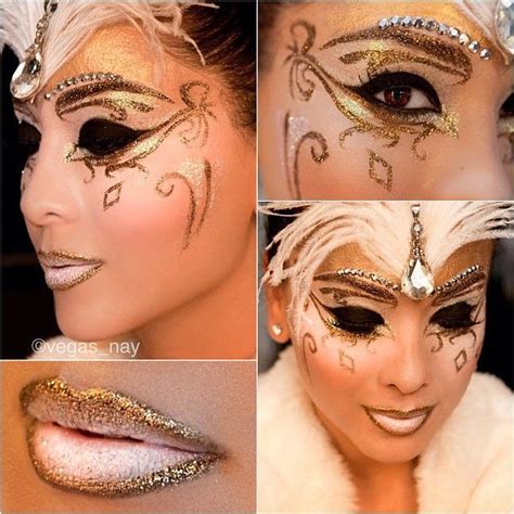 Rhinestone Accented Eye Brows Highlight A Sparkly Gold Masquerade