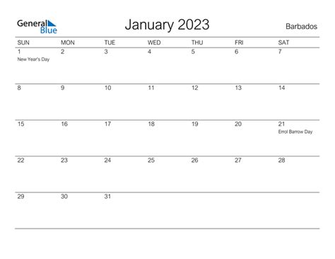 Barbados January 2023 Calendar With Holidays