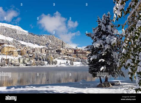 St Moritz Village Seen From Lake Stmoritz In Winter Engadine