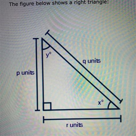 The figure below shows a right triangle: What is r/q equal to (6points) A.sin x° B.cos y° C.cos ...