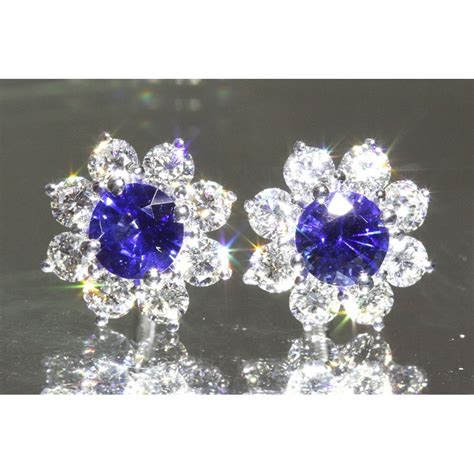 Ctw Royal Blue Sapphire Diamond Floral Stud Earrings K White