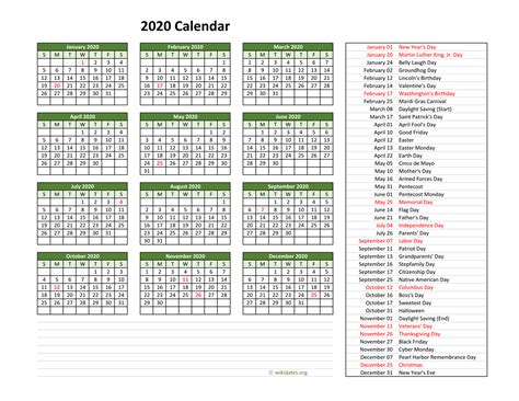 2020 Calendar with US Holidays | WikiDates.org