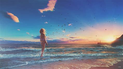Hd Wallpaper Sunset Sea Dream World Fantasy Art Anime Girl Anime
