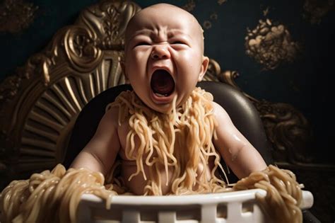 Premium Ai Image A Crying Baby Eating Noodles Created With Generative