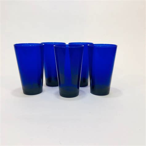 Set Of 5 Cobalt Blue Drinking Glasses Blue Glasses Tall Blue Glass Blue Glass Cocktail