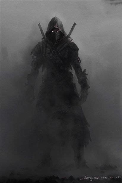 A Man With Two Swords Standing In The Fog