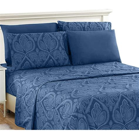 King Size Bed Sheet Set Navy Blue 6 Piece Paisley Printed Deep Pocket