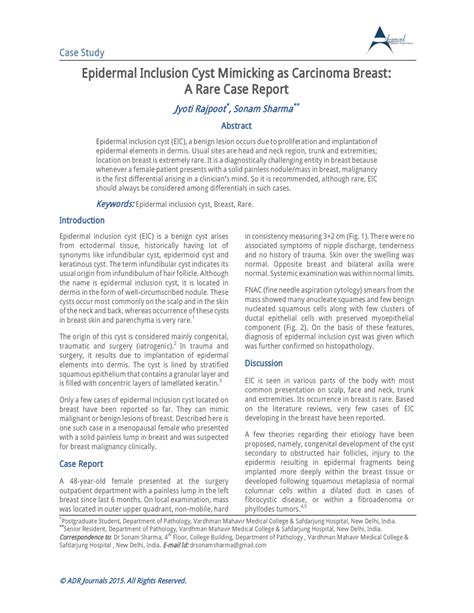 Pdf Epidermal Inclusion Cyst Mimicking As Carcinoma Breast A Rare