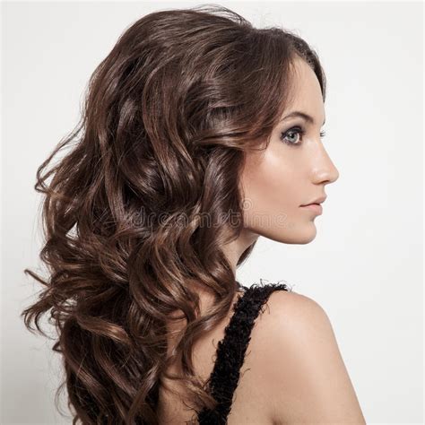 Beautiful Brunette Woman Curly Long Hair Stock Photo