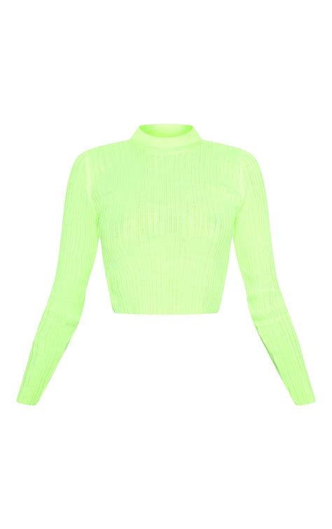 Neon Lime High Neck Knitted Rib Top Prettylittlething Aus
