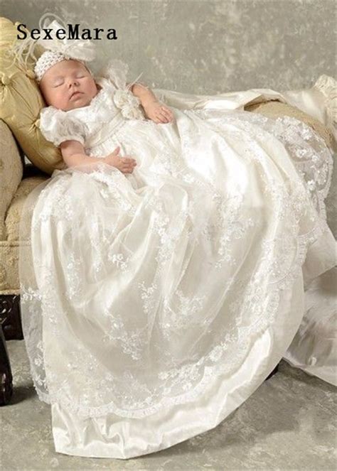2019 White Ivory Baby Girls Christening Gown Lace Short Sleeves Long