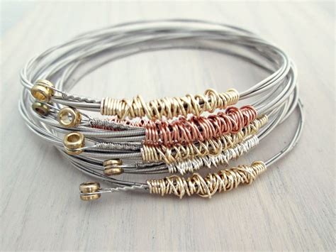 Simple Wire Wrapped Guitar String Bangle Set - The Chestnut Forge