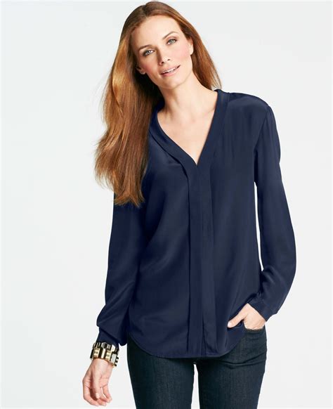 lyst ann taylor silk v neck blouse in blue