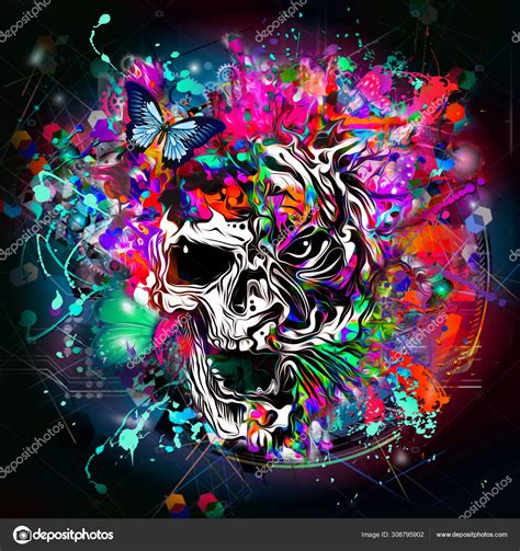 Abstract Multicolored Splashes Tiger Skull Digital Illustration Stock