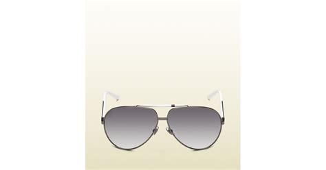 gucci medium aviator sunglasses with signature web detail on temple in white metallic for men