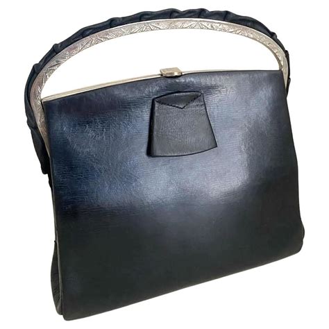 Art Deco Original 1930s Vintage Black Leather And Chrome Ladies Bag For