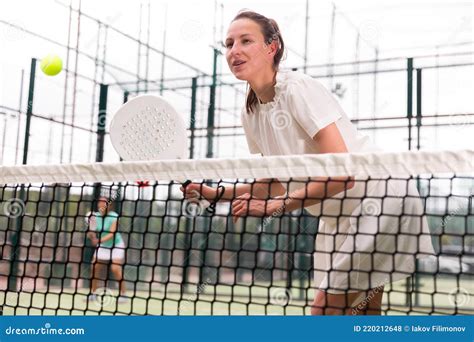 Padel Game Woman With Partners Plays On Tennis Court Stock Photo Image Of Jump Lifestyle