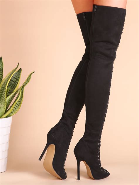 black sexy criss cross lace up suede thigh high boots shein sheinside