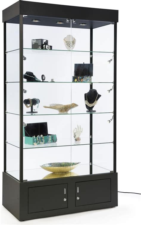 41” Display Case W 9 Led Lights Mirror Bottom Enclosed Cabinet Locking Black Glass Display