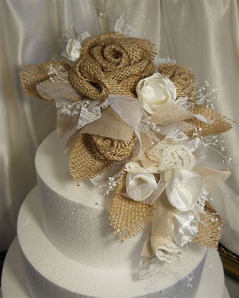 Burlap And Lace Cascade Cake Topper Flower Pick Handmade One Of A Kind