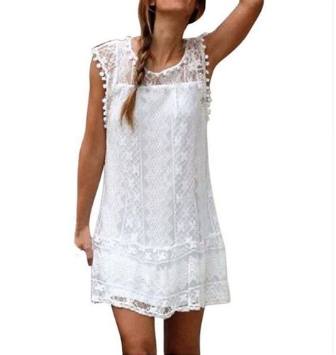 Summer Dress Sexy Women Tunic Casual Sleeveless Beach Short Dress Tassel Solid White Mini Lace