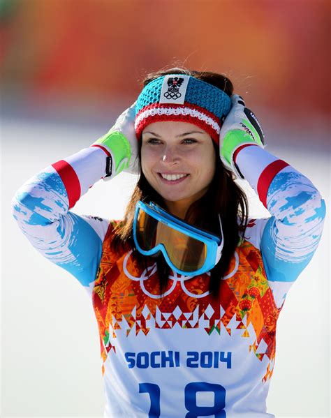 Gold Medalist Anna Fenninger Of Austria Celebrates During The Flower Ceremony For The Alpine