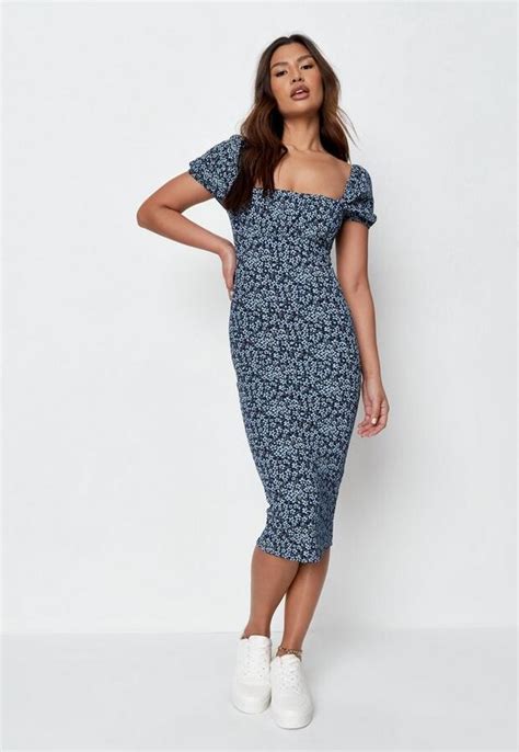 Missguided Blue Ditsy Floral Print Milkmaid Midi Dress Shopstyle