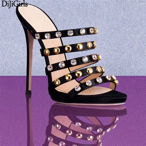 12cm Heel Sandals Fashion Women Shoes Rhinestones Rivet High Heels Slippers Summer Party