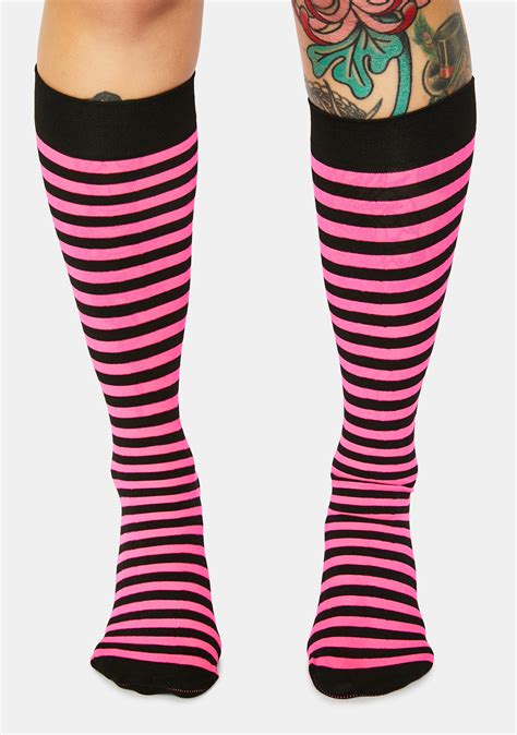 stripe knee high socks pink black dolls kill