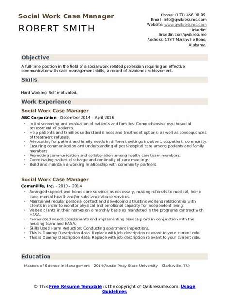 Social Work Case Manager Resume Samples Qwikresume