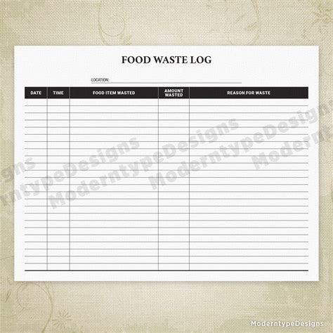 Food Waste Log Printable Food Waste Waste Printables