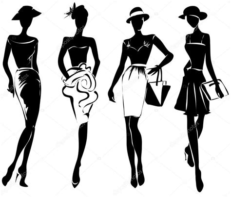 Black And White Retro Fashion Models In Sketch Style Stock Vector Image