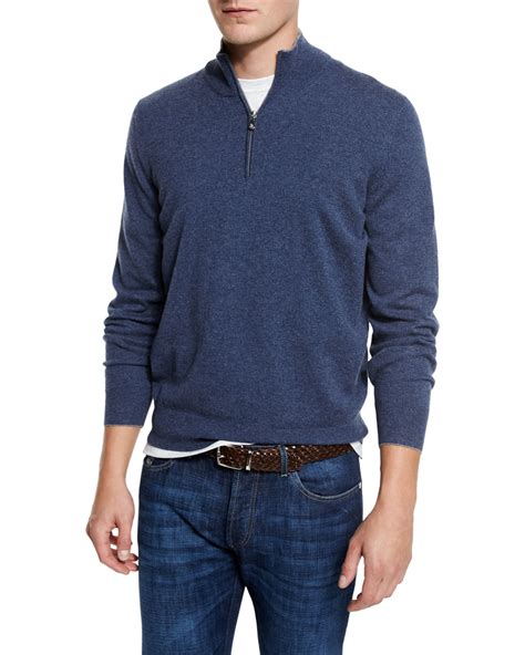 Brunello Cucinelli Cashmere Quarter Zip Pullover Sweater In Indigo