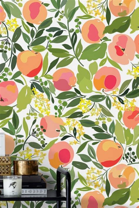 Peach Removable Wallpaper Green Wall Mural Reusable Etsy In 2020