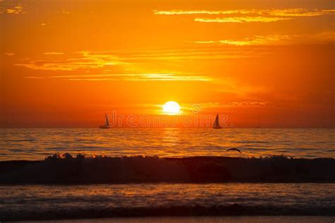 Seascape Golden Sunrise Over The Sea Sailboat At Sea Nature Landscape
