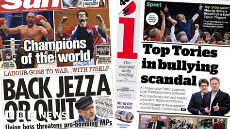 Newspaper Headlines Labour War Tory Scandal Sir Andy And Tyson Fury Bbc News