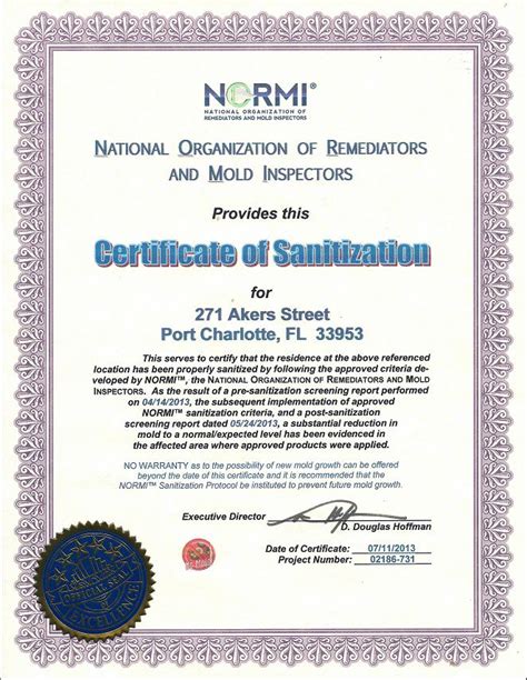 Normi Certificate Of Sanitization National Organization Of