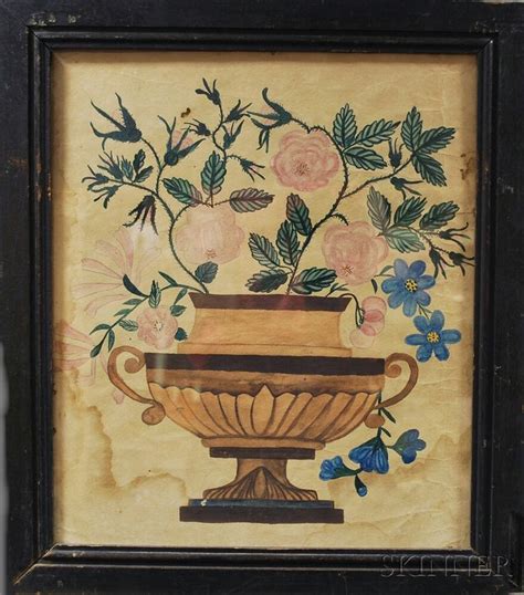 American School 19th Century Theorem With An Urn Of Pink Roses Folk