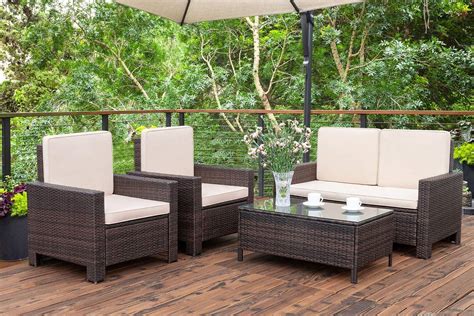 Walnew 4 Pieces Outdoor Patio Furniture Sets Rattan Chair Wicker